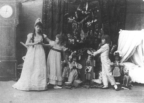 Stanislava Belinskaya as Clara, an unknown performer and Vassily Stulkolin as Fritz in the original production of The Nutcracker. Imperial Mariinsky Theatre, St. Petersburg, 1892