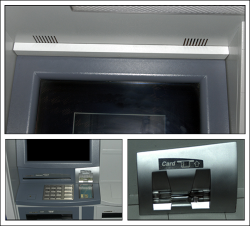 Skimming typically involves the use of a hidden cameras (top) to record customers’ PINs, and phony keypads (right) placed over real keypads to record keystrokes.