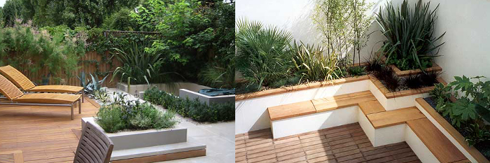 The sound of the waterfall masks traffic noise while the fountains offer a more calming setting. A monochromatic colour scheme utilises 4 shades of slate maximising the apparent space, contrasting dramatically with the Ipe hardwood. A tropical planting scheme incorporates palms, bamboo and grasses. SE London. A low maintenance contemporary courtyard